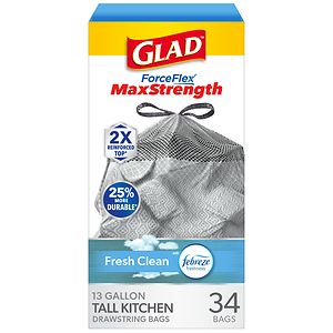 Glad Force Flex Tall Kitchen Drawstring Odor Shield with Febreze Freshness Fresh, 13 Gallon Glad Force Flex Tall Kitchen Drawstring Odor Shield with Febreze Freshness Fresh, 13 Gallon