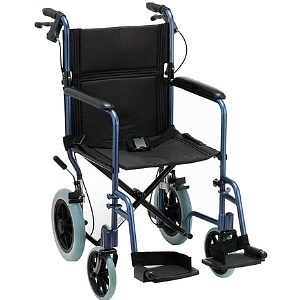Nova Transport Chair Lightweight with Hand Brakes Swing Away Footrests 20 inch Blue image