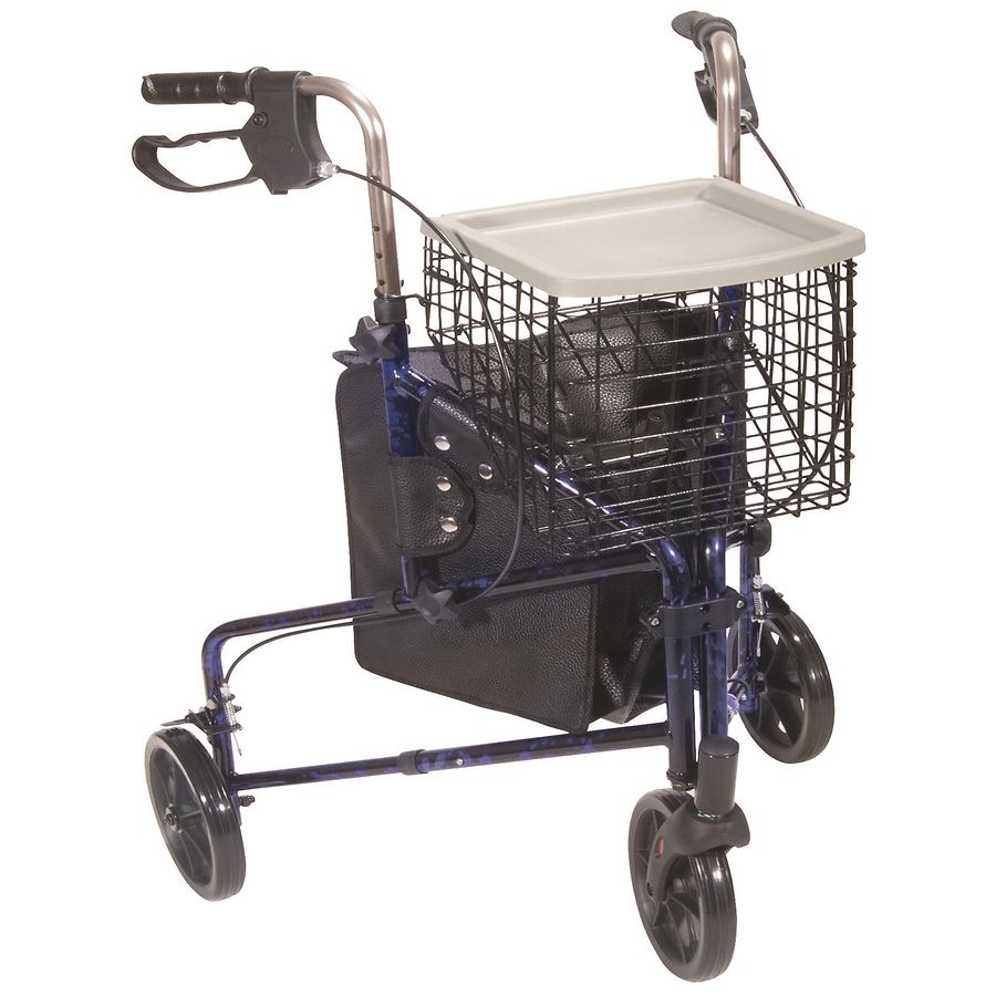 Drive Medical 3 Wheel Rollator Walker with Basket Tray and Pouch Blue