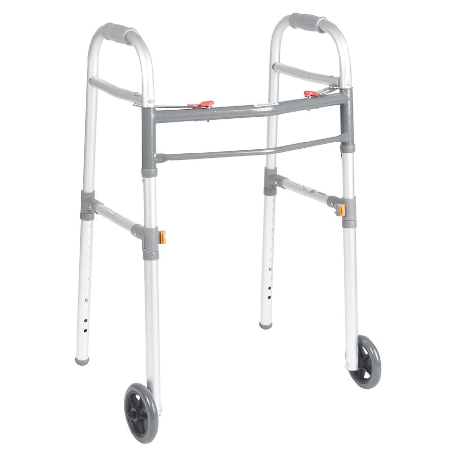 Drive Medical Two Button Folding Universal Walker 5 Inch Wheels Silver