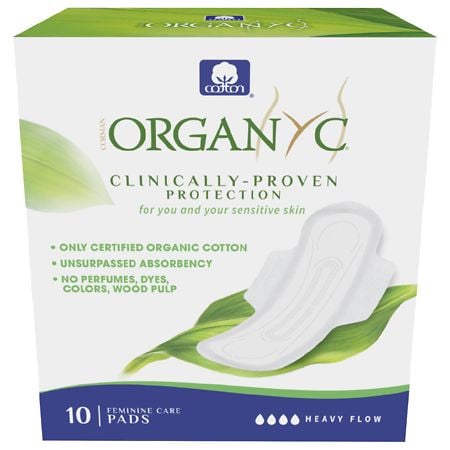 ORGANYC 100% Certified Organic Cotton Feminine Pads with Wings, Heavy Flow - 10 ea