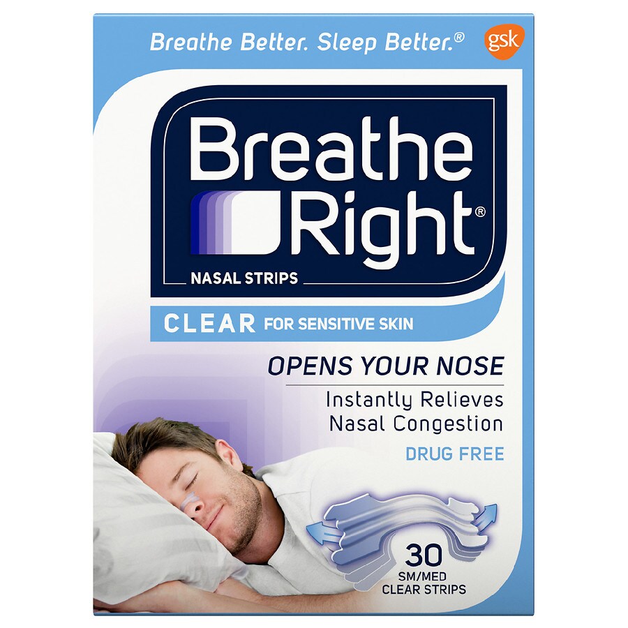 Breathe Right Sensitive Skin Drug-Free Nasal Strips for Nasal Congestion Relief Clear, Small/Medium Clear