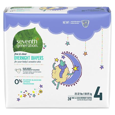 Seventh Generation Free & Clear Overnight Baby Diapers Stage 4, 22-32 lbs 24 count