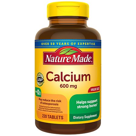 Nature Made Calcium 600 mg Tablets with Vitamin D3, 220 Count Value Size for Bone Health†