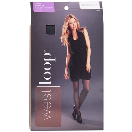  West Loop Control Top Sheer Toe Support Pantyhose B Jet Black 