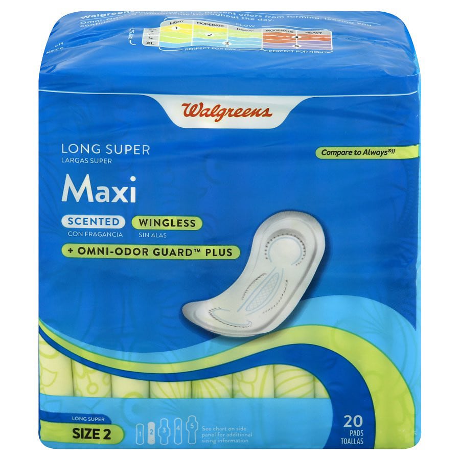  Walgreens Maxi Pads with Omni-Odor Guard Plus Long Lightly Scented 