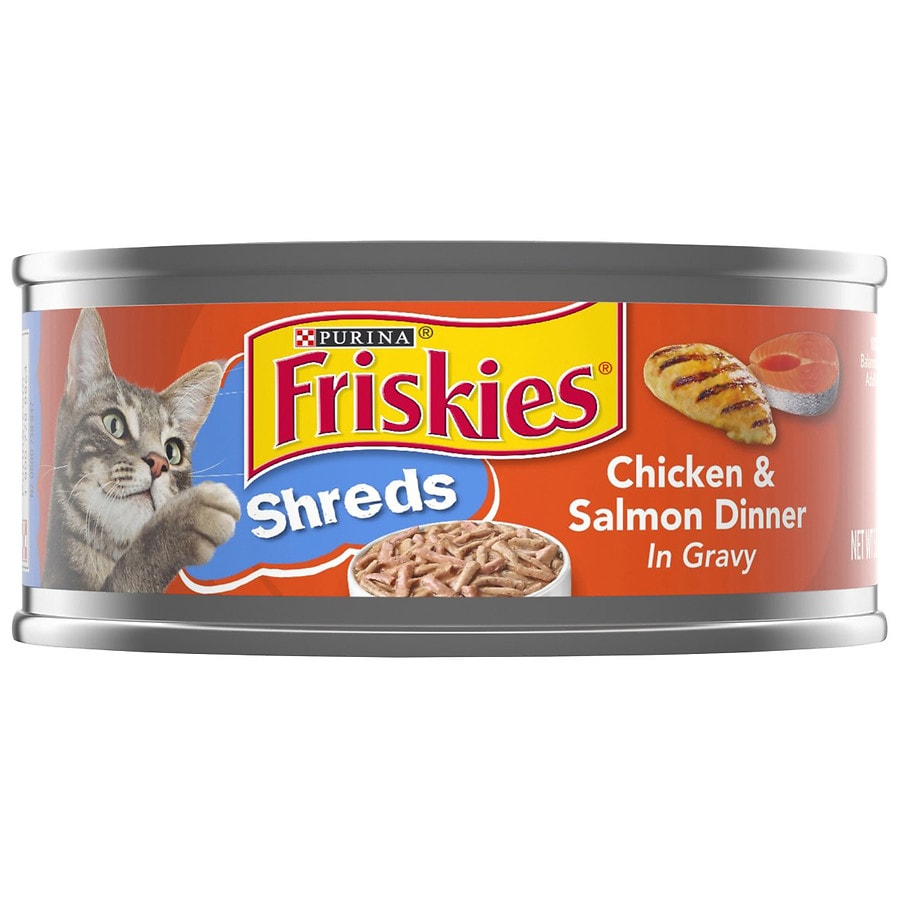 Photo 1 of (24 Pack) Friskies Gravy Wet Cat Food, Shreds Chicken & Salmon Dinner in Gravy, 5.5 oz. Cans