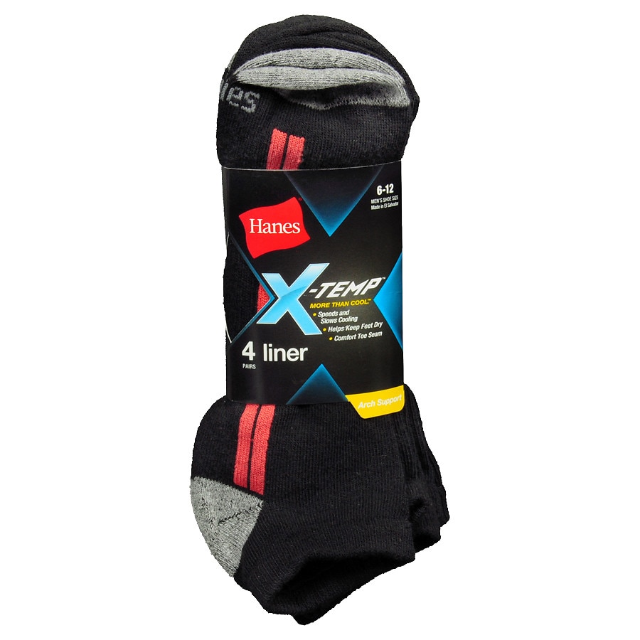  Hanes Men's X-Temp Arch Liner Socks 6-12 Black With Red 