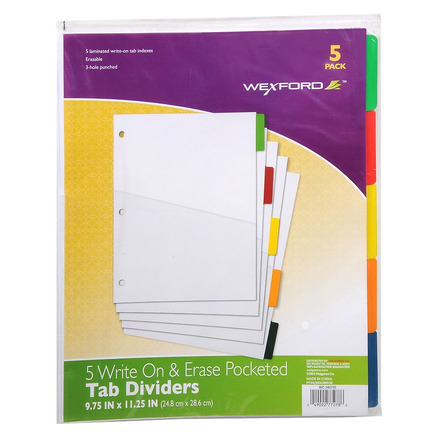 Wexford Index Dividers Write Erase with Pocket 9.75 inch x 11.25 inch White