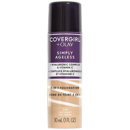 COVERGIRL + OLAY Simply Ageless 3-in-1 Liquid Foundation  255 Soft Honey  1 fl oz  Hydrating Anti-Aging Foundation  Cruelty-Free Foundation  Hyaluronic Complex for Firm Skin