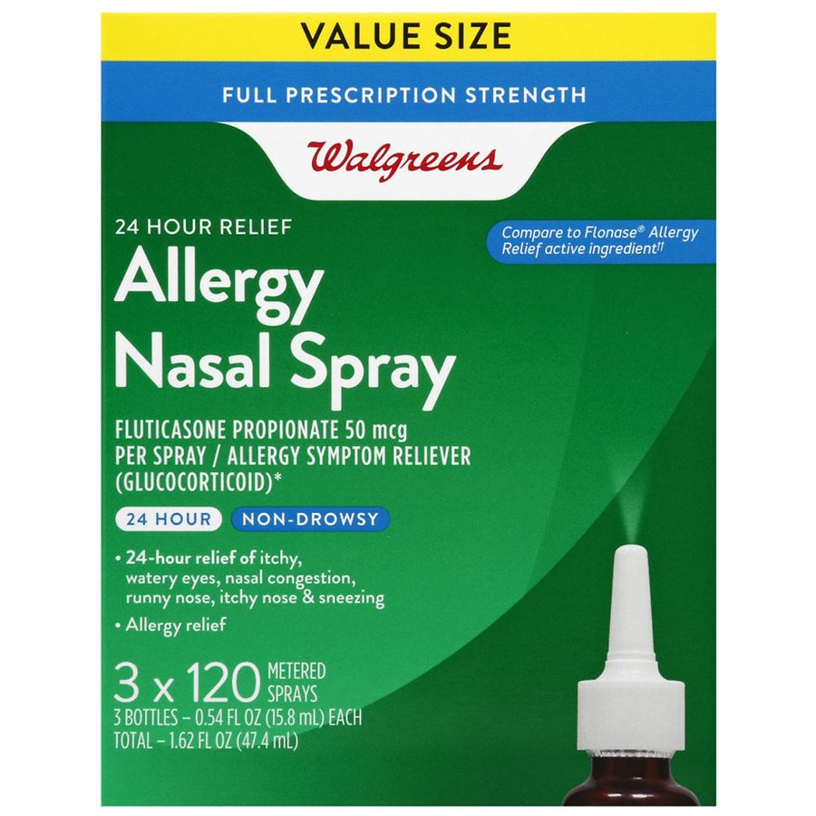  Walgreens Fluticasone Propionate 50 mcg, 24 Hour Relief Allergy Nasal Spray 3 X 120 Metered Spray 