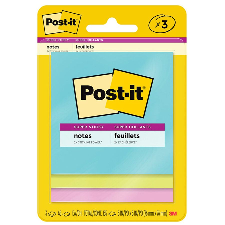 Post-it Super Sticky Notes, 3 in. x 3 in., Supernova Neons Collection Assorted