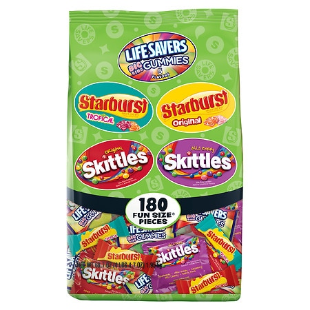 UPC 022000018571 product image for Wrigley's Skittles, Starburst, and Life Savers Gummies Candy Bag, Fun Size Assor | upcitemdb.com