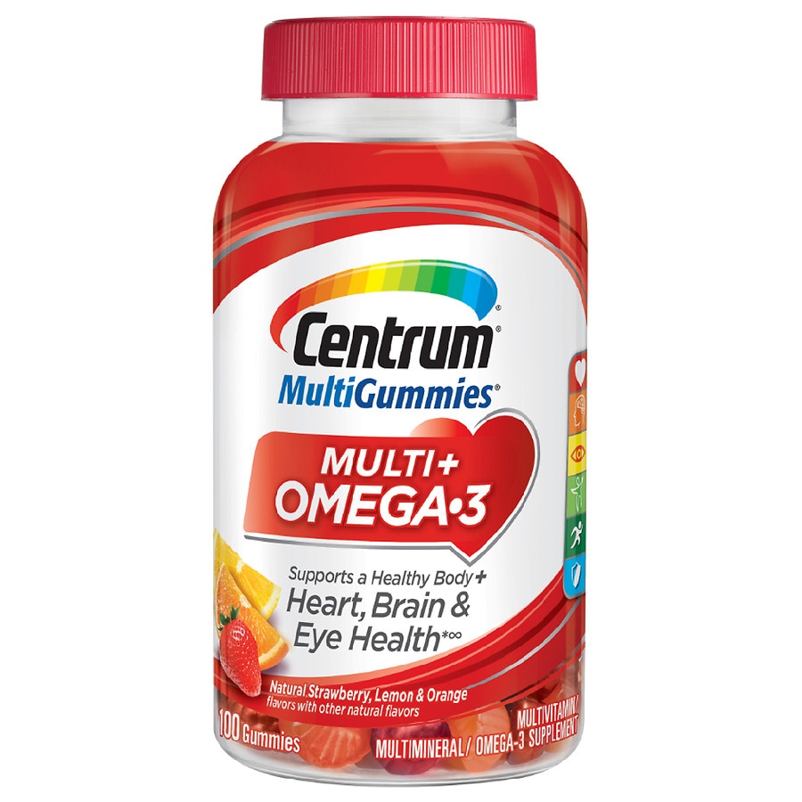  Centrum Multi Gummies Multi+ Omega-3 Multivitamins & Multimineral Supplement Natural Strawberry, Lemon, & Orange 