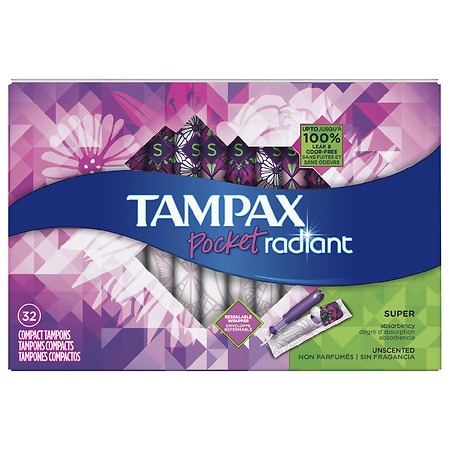 Tampax Pocket Radiant Compact Plastic Tampons Unscented, Super - 32 ea