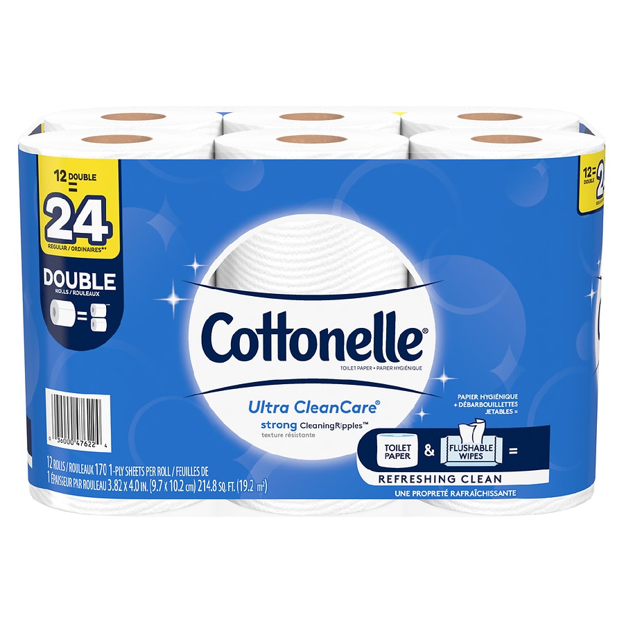  Cottonelle Ultra Clean Care Toilet Paper, 12 Double Rolls, Strong Bath Tissue 