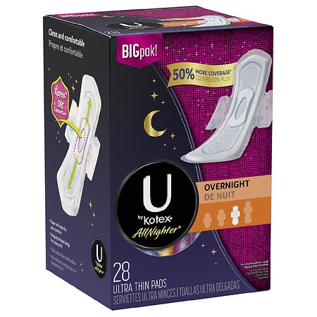 U By Kotex Allnighter Ultra Thin Overnight Pads With Wings Fragrance Free Walgreens
