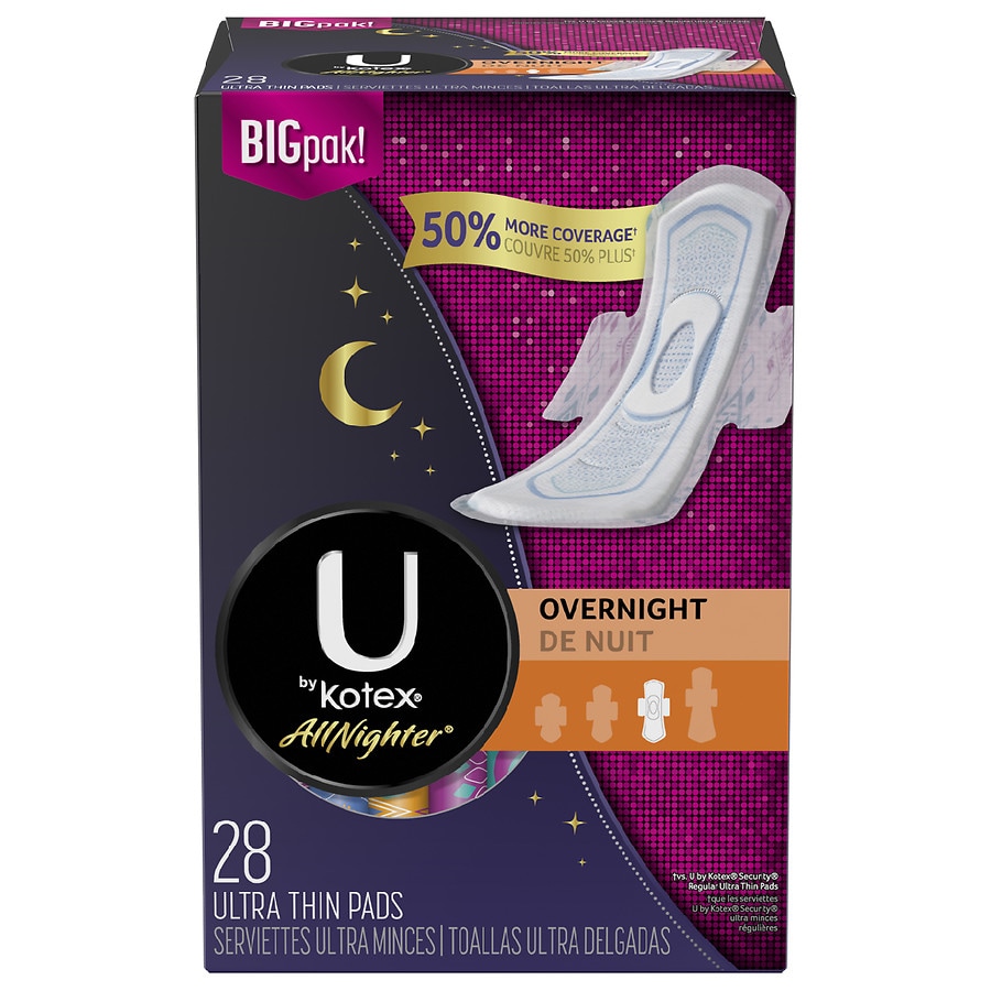  U by Kotex AllNighter Ultra Thin Overnight Pads with Wings, Fragrance-Free 