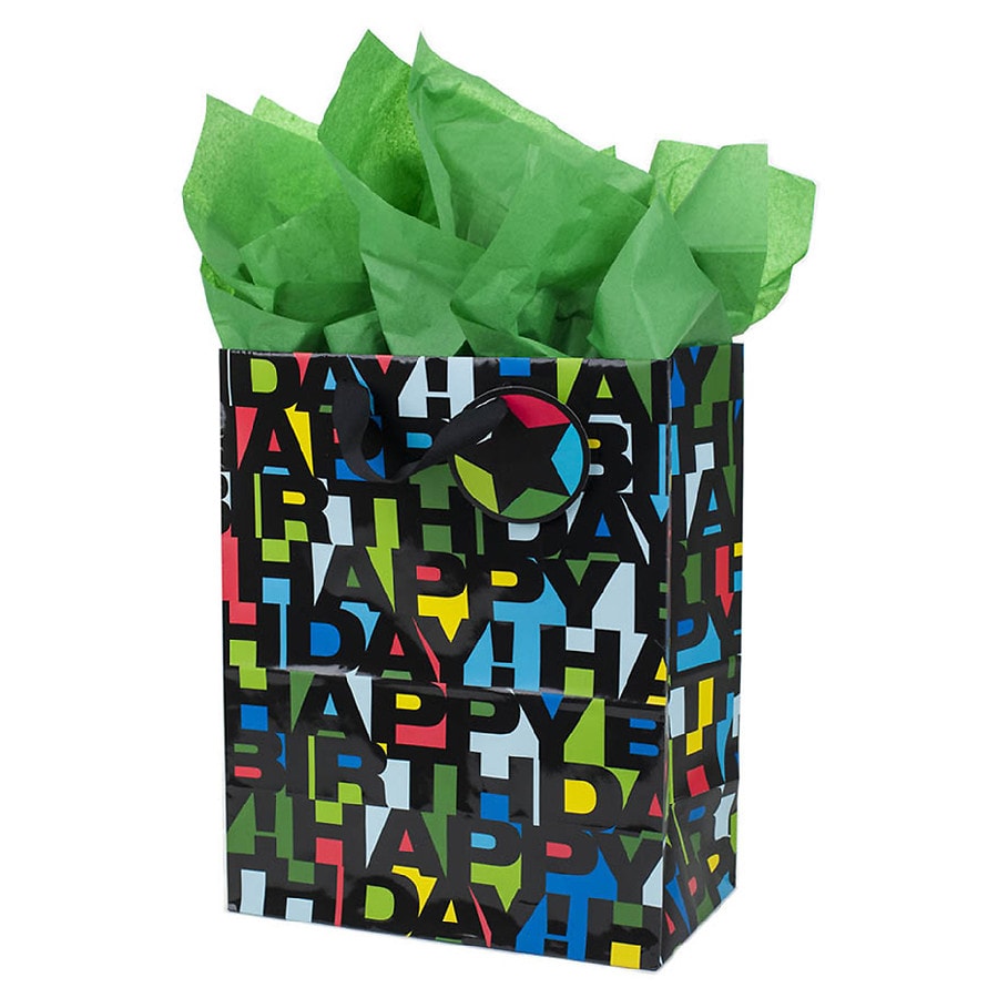 Hallmark Large Gift Bag with Tissue for Birthdays (Happy Birthday Black Letters)