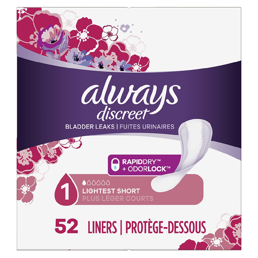  Always Discreet Incontinence Liners, for Bladder Leaks, Lightest Short Absorbency 