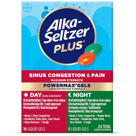 Alka-Seltzer Plus Maximum Strength Sinus & Cold Medicine  Day + Night  Powermax Liquid Gels  24 Count