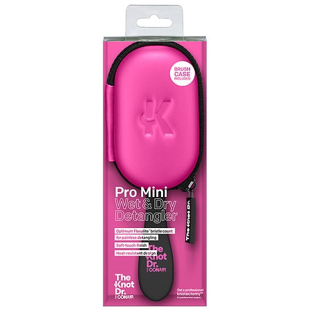 The Knot Dr. for Conair Pro Mini Detangling Hairbrush for Wet or Dry Hair with Case Pink