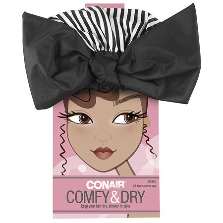 Conair Comfy & Dry Full-Size Striped Shower Cap with Bow Black and White