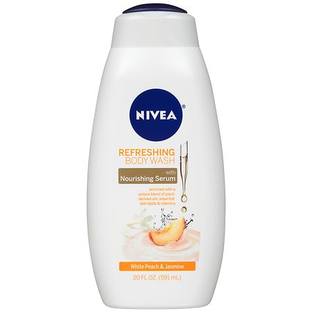 3 pack NIVEA Refreshing White Peach and Jasmine Body Wash with Nourishing Serum, 20 fl. oz. Bottle