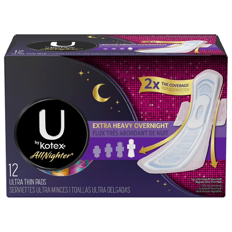  U by Kotex AllNighter Ultra Thin Overnight Pads with Wings, Extra Heavy Flow, Unscented 