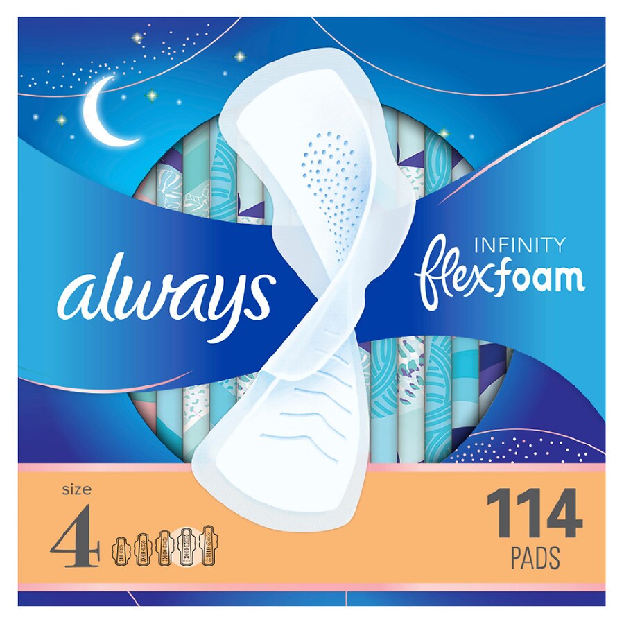 Always Infinity FlexFoam Pads for Women, Size 4, Overnight Absorbency, Unscented