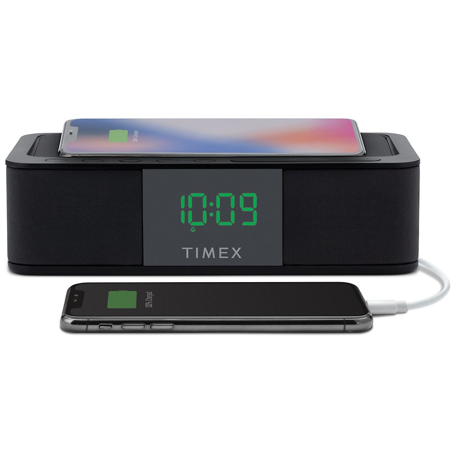  Timex Alarm Clock with Wireless Charging, USB Charging, and Battery Backup Black 