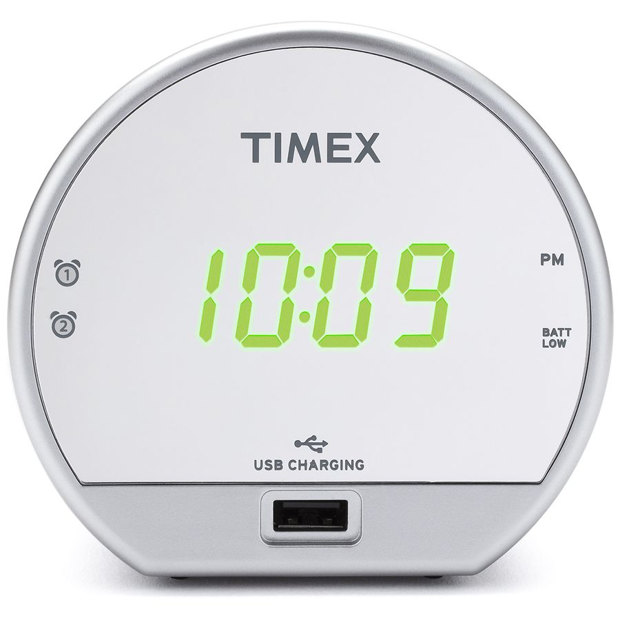 Timex Dual Alarm Clock with USB Charging and Battery Back Up T1212 Silver