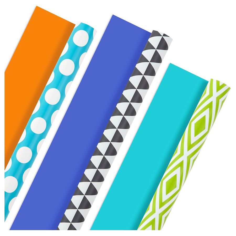 Hallmark Wrapping Paper Bundle - Solids & Dots, Diamonds, Triangles Yellow, Orange, Blue, Black and White