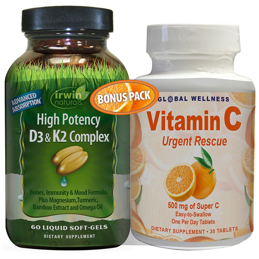  Irwin Naturals High Potency D3 & K2 Complex + Vitamin C Urgent Rescue Bonus Pack 