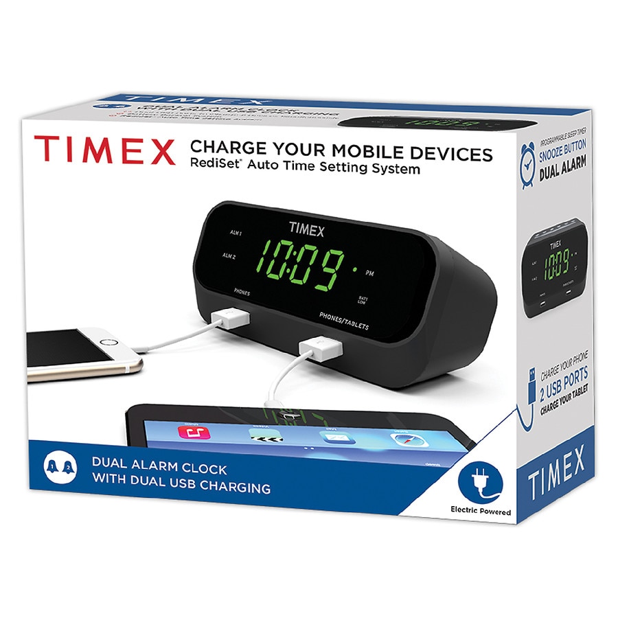  Timex RediSet Dual Alarm Clock with Dual USB Charging Black 