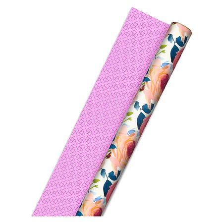 Hallmark Reversible Wrapping Paper, Pink With Flowers/Pink Stripe