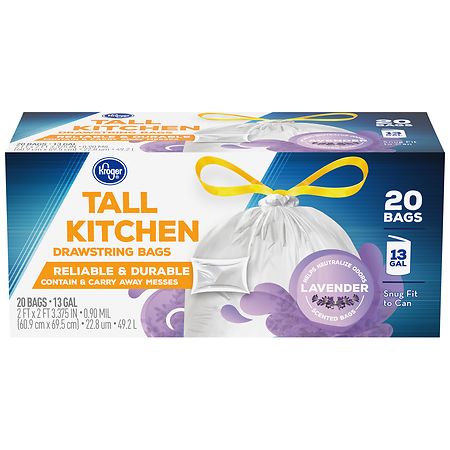 Kroger Tall Kitchen Drawstring Bags Lavender Scented, 13 Gallon