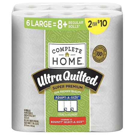 Complete Home Ultra Quilted Super Premium, Adapt-A-Size Paper Towels, 6 Rolls 11"x5.9" sheet size, 243.4 sq. ft.