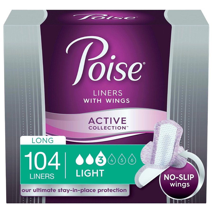 Poise Incontinence Panty Liners with Wings, Active Collection, Light Absorbency, Long