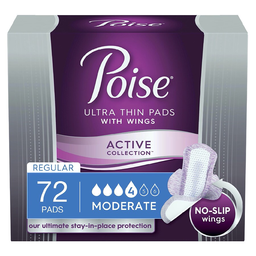 Poise Postpartum Incontinence Pads with Wings, Active Collection, Moderate Absorbency