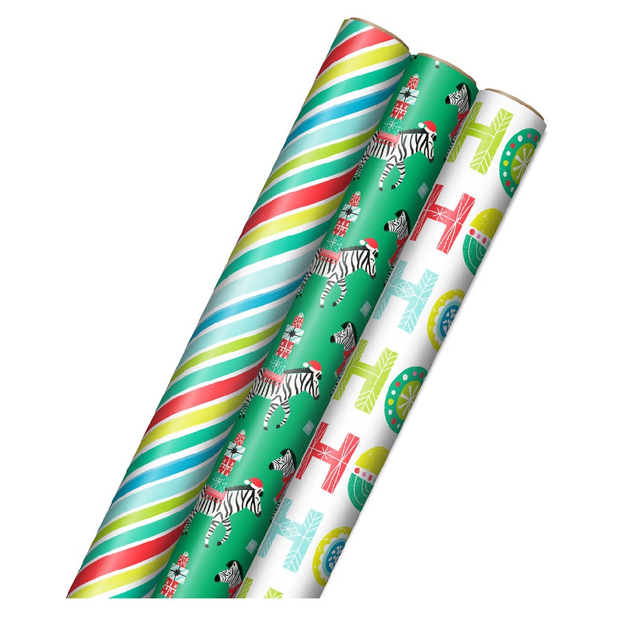 Inspirations from Hallmark Christmas Wrapping Paper Bundle Colorful Stripes, Zebra on Green, HoHoHo on White