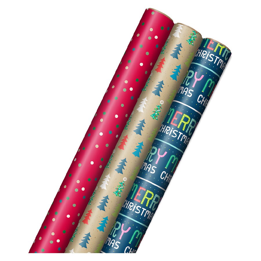 Inspirations from Hallmark Christmas Wrapping Paper Bundle Polka Dots on Red, Trees on Brown,Message on Blue