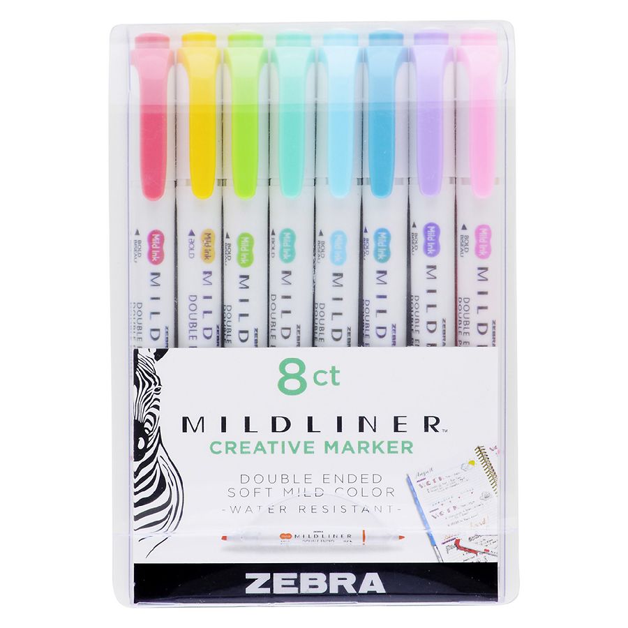 Assorted Ink Planner Colors 8-Pack Broad and Fine Point Tips Mildliner Double Ended Highlighter Set 