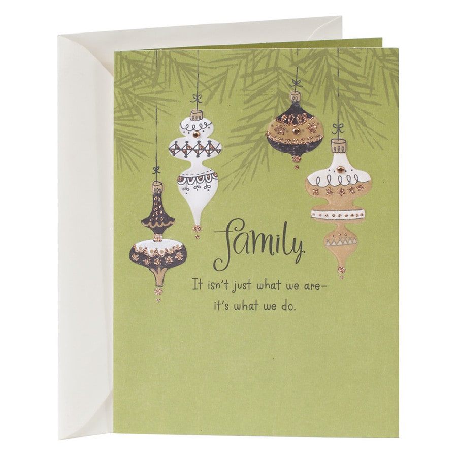 Hallmark Christmas Card for Family Gold and White Ornaments