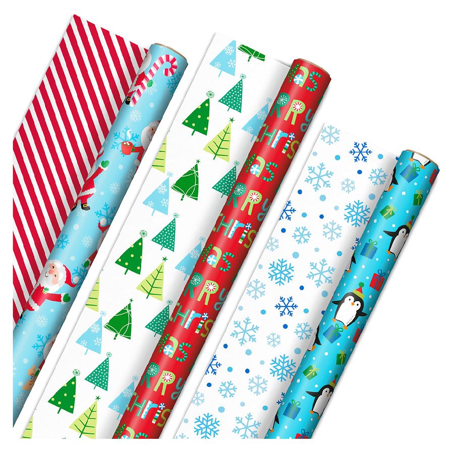 Hallmark Reversible Christmas Wrap Bundle for Kids Penguins,Santa,Trees,Stripes,Snowflakes, Christmas