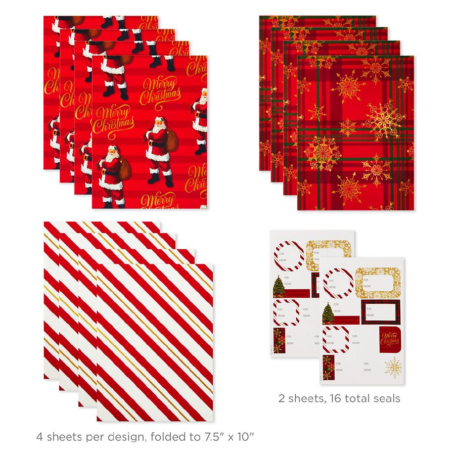 Hallmark Flat Christmas Wrapping Paper Sheets and Gift Tag Seals