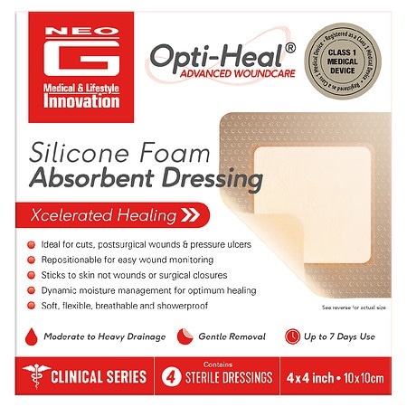 Neo G Opti-Heal Advanced Silicone Foam Absorbent Dressing 4" x 4" (10x10cm)