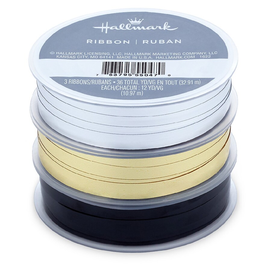 Hallmark Curly Ribbon 3-Pack, Silver/Gold/Black Metallic