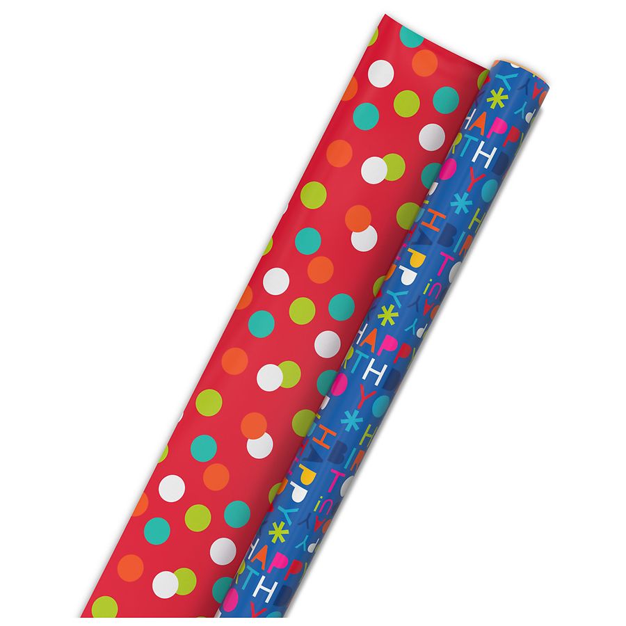 Hallmark Reversible Wrapping Paper, Blue Happy Birthday/Red With Dots