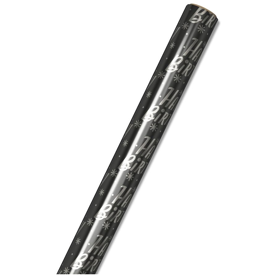 Hallmark Metallic Wrapping Paper, Silver Happy Birthday on Black